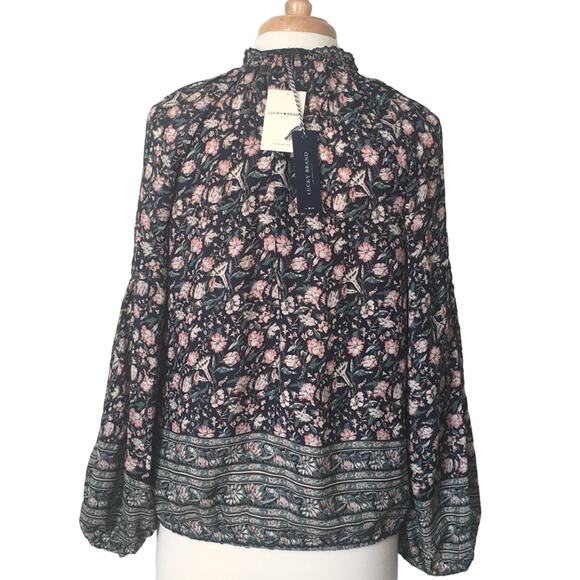 Lucky Brand navy, pink & green print sheer long sleeve blouse size medium - Picture 2 of 5
